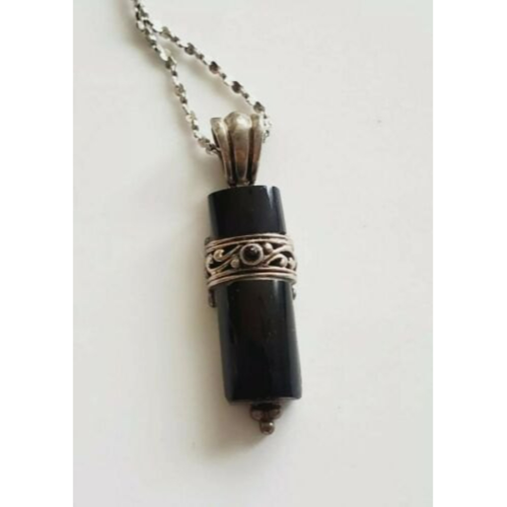 VINTAGE ORNATE 925 STERLING SILVER ONYX BAR PENDANT NECKLACE